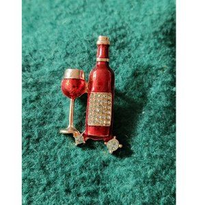 Drink Cocktail Wine Glass Bottle Red Gold Rhinestones Crystals Gems Broach Pin